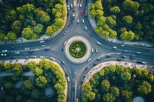 Aerial view of a roundabout surrounded by lush greenery and traffic. photo