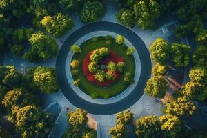 Aerial view of a circular road surrounded by lush green trees and a central garden. photo