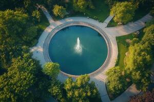 Aerial view of a circular pond with fountain in a lush green park. photo