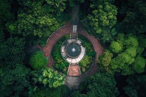 Aerial view of a circular fountain in a lush green park. photo