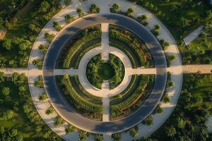 Aerial view of a circular garden with concentric pathways and lush greenery. photo