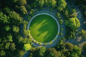 Aerial view of a circular park with a green lawn surrounded by trees and a walking path. photo