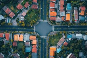 Aerial view of a residential area with intersecting roads. photo