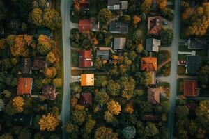 Aerial view of residential neighborhood in autumn photo