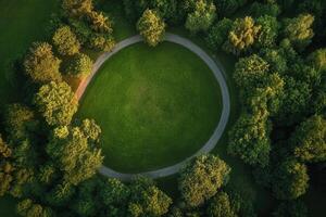 Aerial view of a circular park. photo