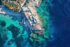 Aerial view of ancient ruins on a rocky coast with crystal-clear turquoise water. photo