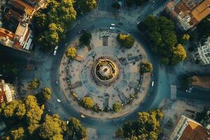 Aerial view of a circular city square with trees and roads. photo