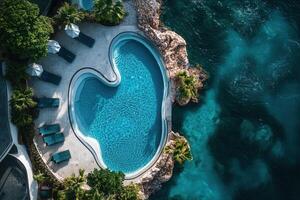Aerial view of a luxury infinity pool by the ocean. photo