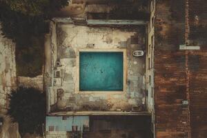 Aerial view of abandoned square pool in dilapidated building courtyard. photo