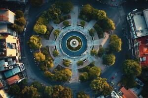 Aerial view of a circular park surrounded by roads and buildings. photo