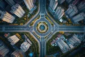 Aerial view of city intersection with round park. photo