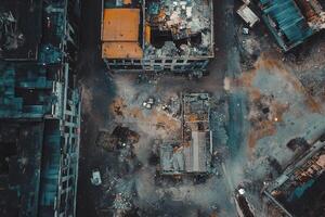 Aerial view of a war-torn city block, showing destroyed buildings and rubble. photo