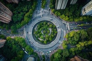 Aerial view of a circular road surrounded by lush greenery and buildings. photo
