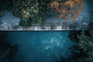 Aerial view of a tranquil canal with trees reflected in the water. photo