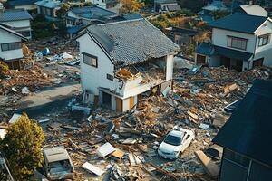 Aerial view of residential area devastated by natural disaster, showing damaged houses, debris, and vehicles. photo