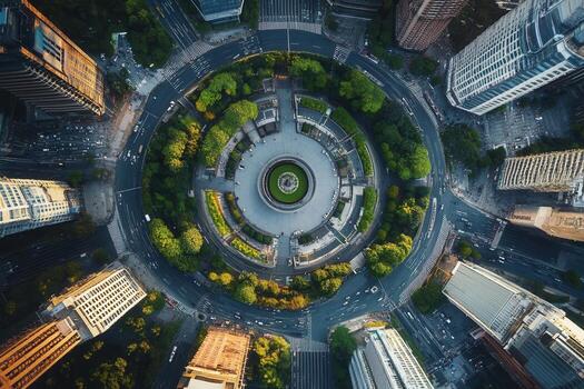 Aerial view of a circular park surrounded by skyscrapers. photo
