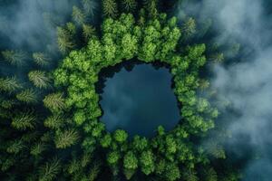 Aerial view of a circular lake surrounded by lush green forest in misty conditions. photo
