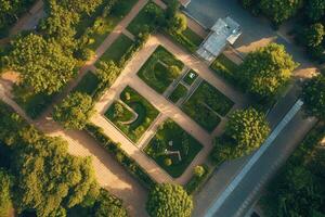 Aerial view of a geometrically designed park. photo
