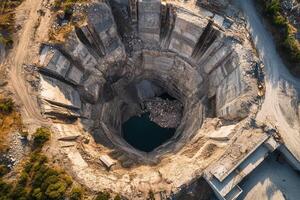 Aerial view of a large quarry hole filled with water. photo