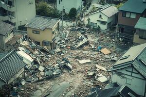 Aerial view of residential area devastated by natural disaster debris, damaged houses, destruction photo