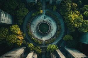 Aerial view of circular park surrounded by buildings and trees. photo