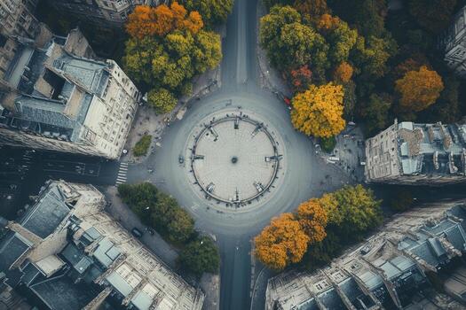 Aerial view of a city roundabout in autumn. photo