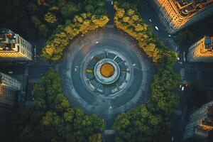 Aerial view of a circular plaza surrounded by trees and buildings. photo