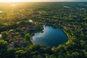 Aerial view of upscale homes surrounding a tranquil lake at sunset. photo