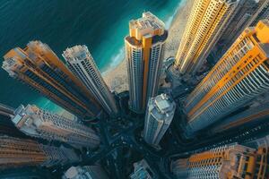Aerial view of skyscrapers by the ocean. photo