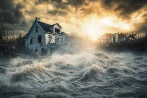 Flooded houses during a dramatic sunset, depicting destruction and aftermath of a natural disaster. photo