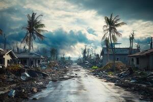 Storm-ravaged street scene debris, damaged houses, palm trees, dark clouds. photo