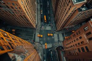 Aerial view of city intersection with yellow cabs. photo