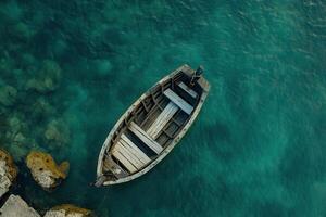 Small wooden boat floats on calm, clear turquoise water near rocks. photo