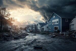 Storm-ravaged residential street, debris and floodwaters. photo