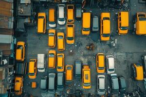 Aerial view of a crowded urban parking lot with mostly yellow cars. photo