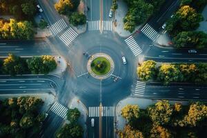 Aerial view of a roundabout intersection with traffic and green spaces. photo