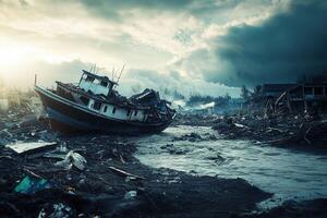 Damaged boat and buildings after a natural disaster. photo