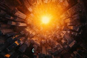 Aerial view of city buildings converging towards a bright sun. photo