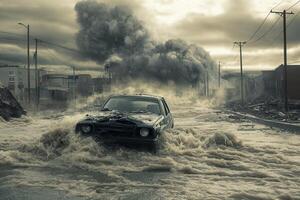 Car driving through flooded street with smoke in background. photo