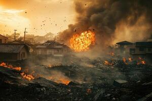 Fiery destruction of homes and buildings during a devastating wildfire. photo