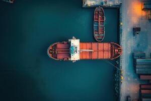 Aerial view of cargo ship at dock. photo
