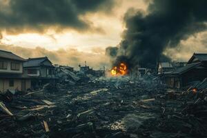 Devastation post-disaster scene showing burning buildings and rubble-strewn streets. photo