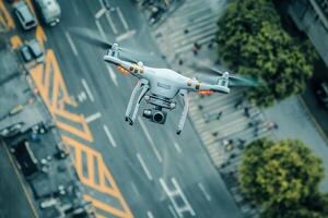 Drone flying above city street. photo