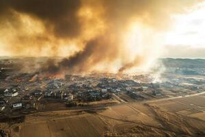 Aerial view of a town engulfed in flames and smoke during a disaster. photo