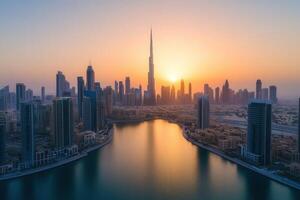 Stunning sunrise over modern city skyline with lake. photo