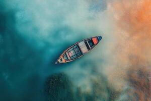 Lonely boat on calm, misty water. photo