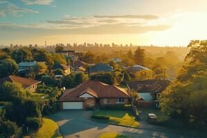 Suburban homes at sunset, city skyline in background. photo