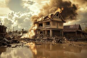 Burning house amidst flood and debris, reflecting in murky water under dramatic sky. photo