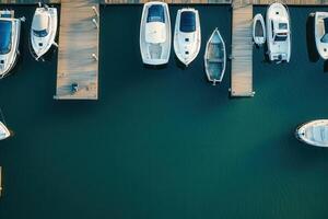 Aerial view of boats docked at a marina. photo