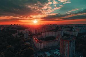 Dramatic sunset over city skyline. photo